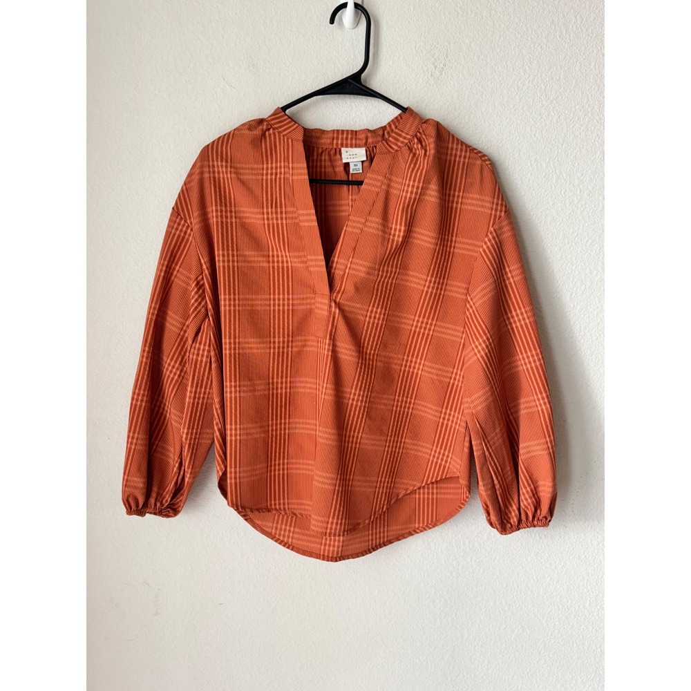 A New Day Rust Orange Plaid V-Neck Popover Blouse XS Long Sleeve Curved Hem Top